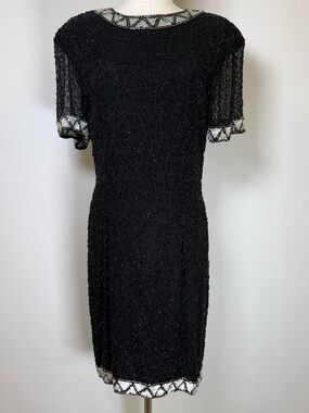 Vintage 1980’s Lillie Rubin Black Silk Beaded Cocktail Dress Women’s Size 12